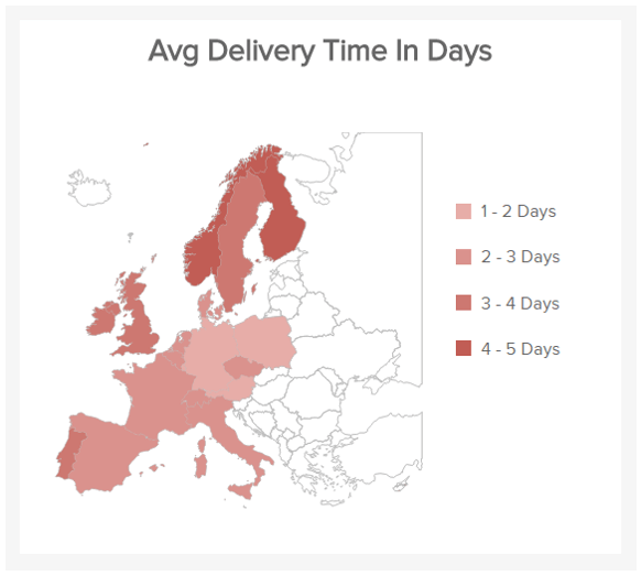 map chart which visualizes the average delivery time in days
