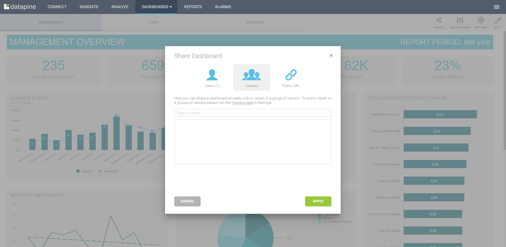 Sharing options with datapine's dashboards