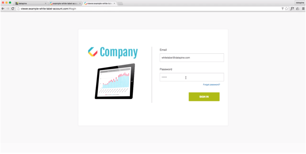 datapine's sign up interface white labeled version
