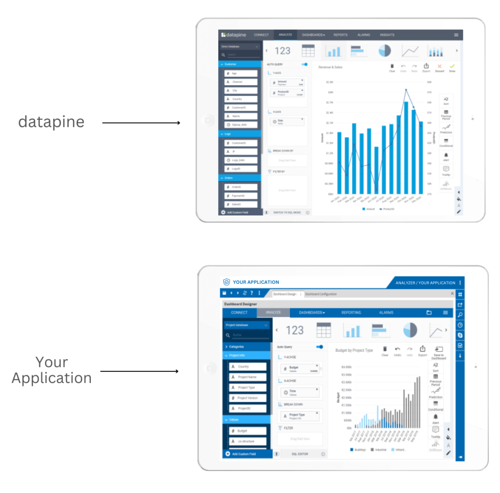 Graphic showing datapine interface vs the embedded version