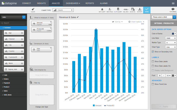 Drag and drop interface by datapine's dashboard tool